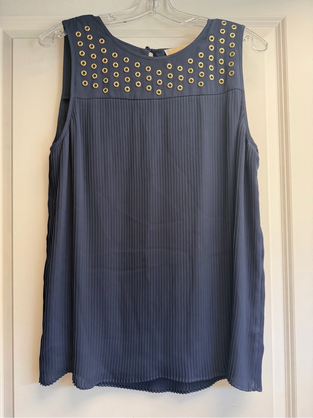 Michael Kors Navy Pleated Sleeveless Top with Gold Label Detail